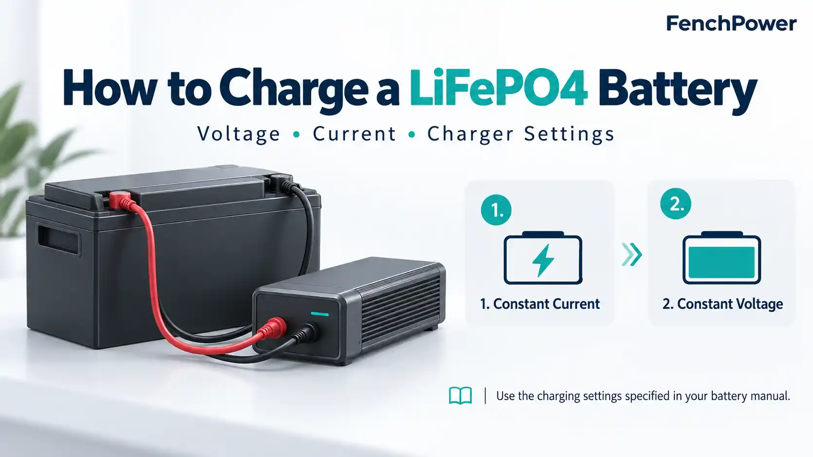 Illustration showing how to charge a LiFePO4 battery with a charger and constant-current and constant-voltage stages