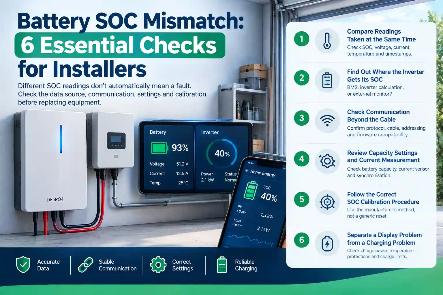Battery SOC mismatch showing 93% on the battery display and 40% on the inverter screen