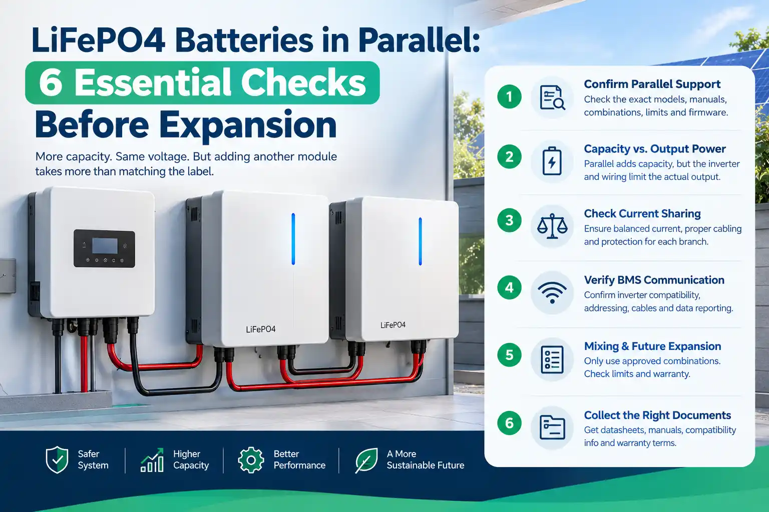 LiFePO4 batteries in parallel illustrated as a modular energy storage bank