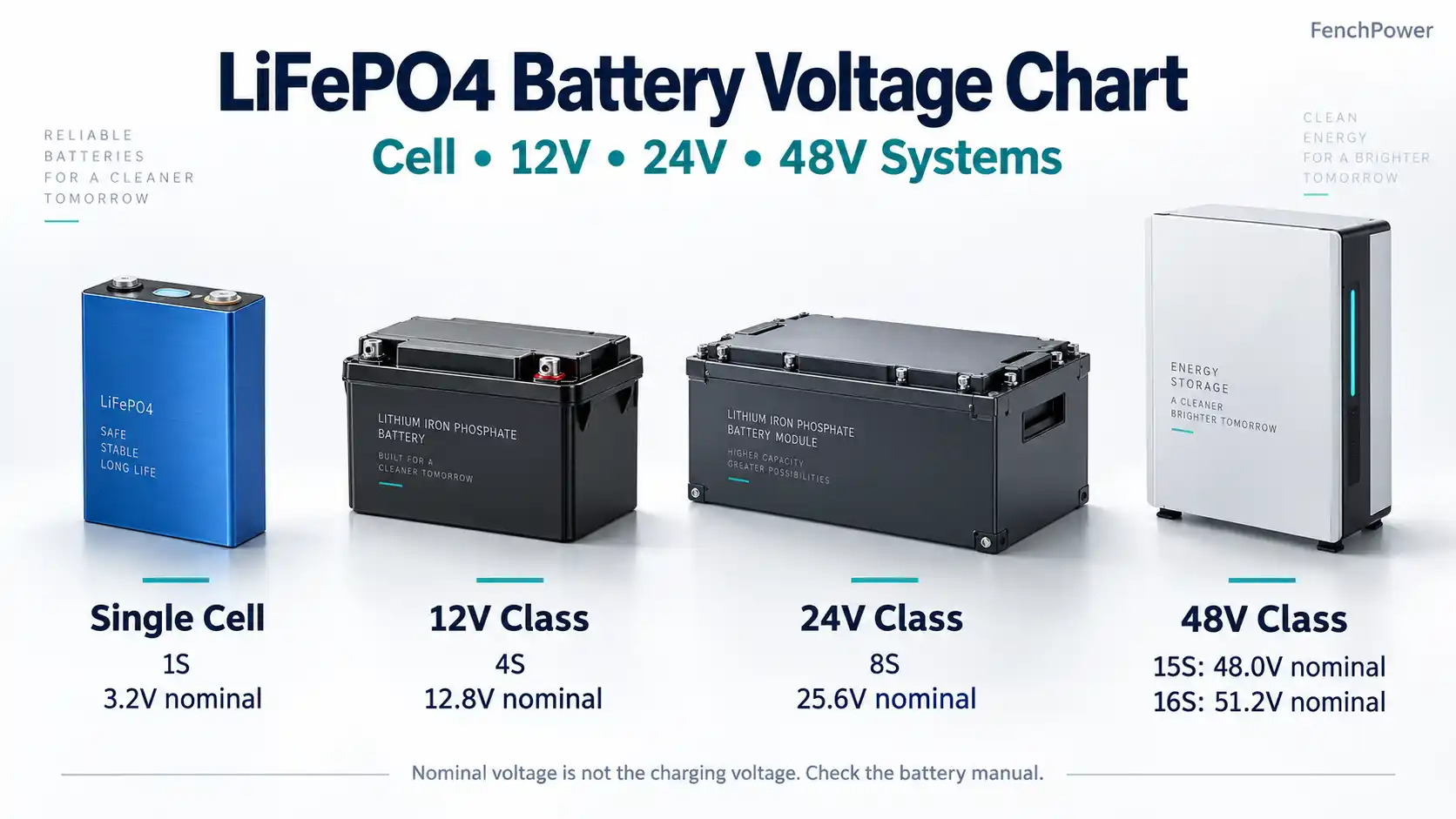 LiFePO4 battery voltage chart showing 3.2V cells and nominal voltages for 12V, 24V and 48V battery systems